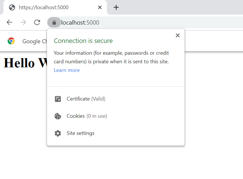 Chrome web browser localhost:5000 over HTTPS with no warnings