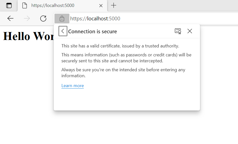 Edge web browser localhost:5000 over HTTPS with no warnings