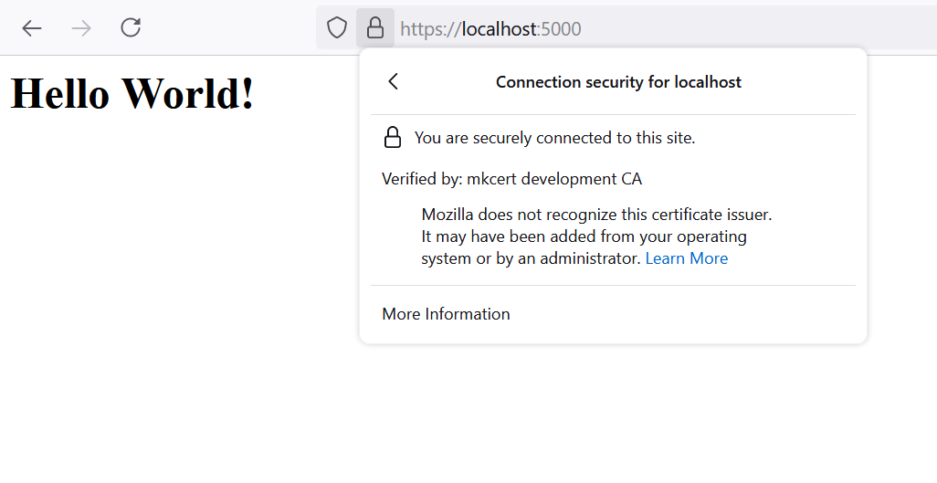 Firefox web browser localhost:5000 over HTTPS with no warnings