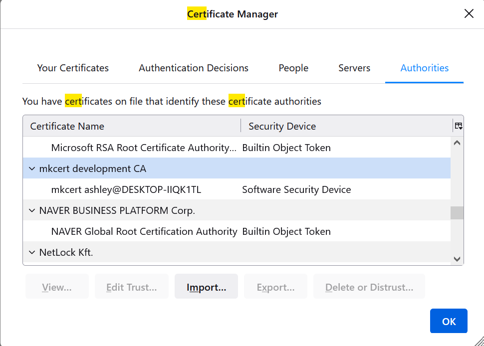 Firefox certificates manager - authorities tab