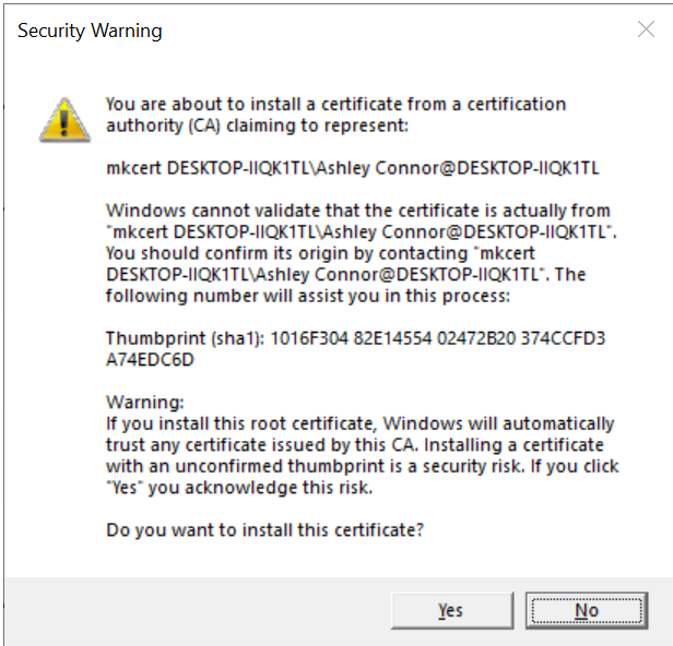 You are about to install a certificate from a root authority (CA) claiming to represent...